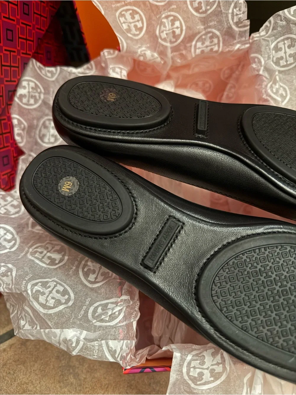 Tory Burch Black Leather Logo Round-Toe Ballet Flats